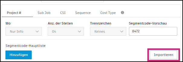 Schaltfläche Importieren im Abschnitt Segmentcode-Hauptliste