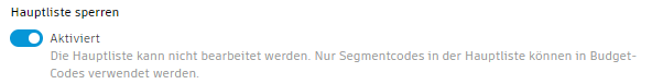 Kontrollkästchenoption Hauptliste sperren in den Budget-Einstellungen