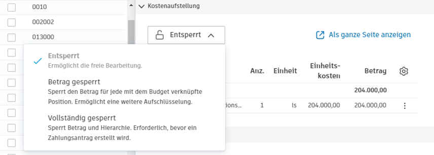 Beispiel für Sperrung der Kostenaufstellung