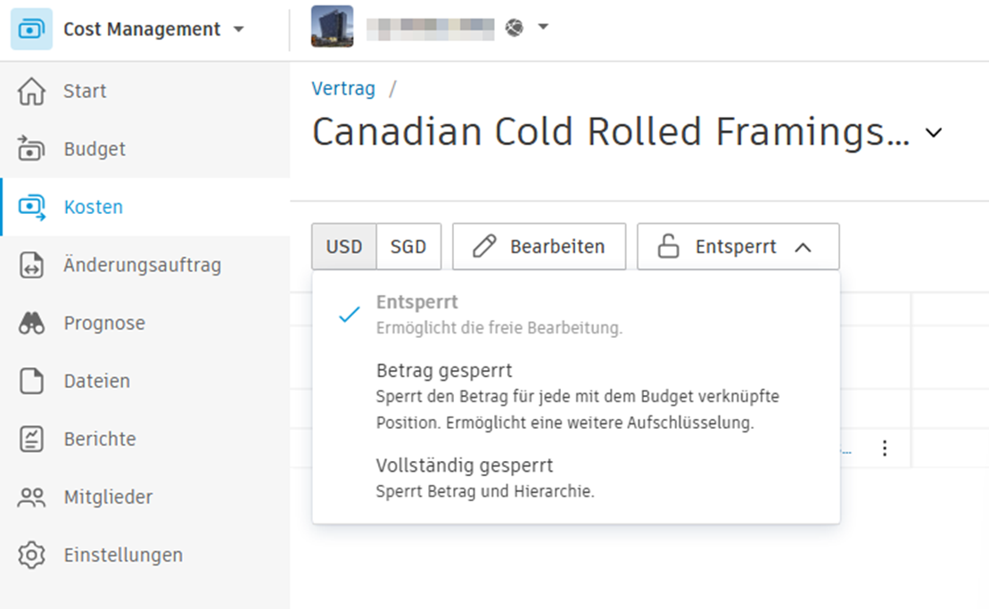 Sperren und Entsperren des Vertrags