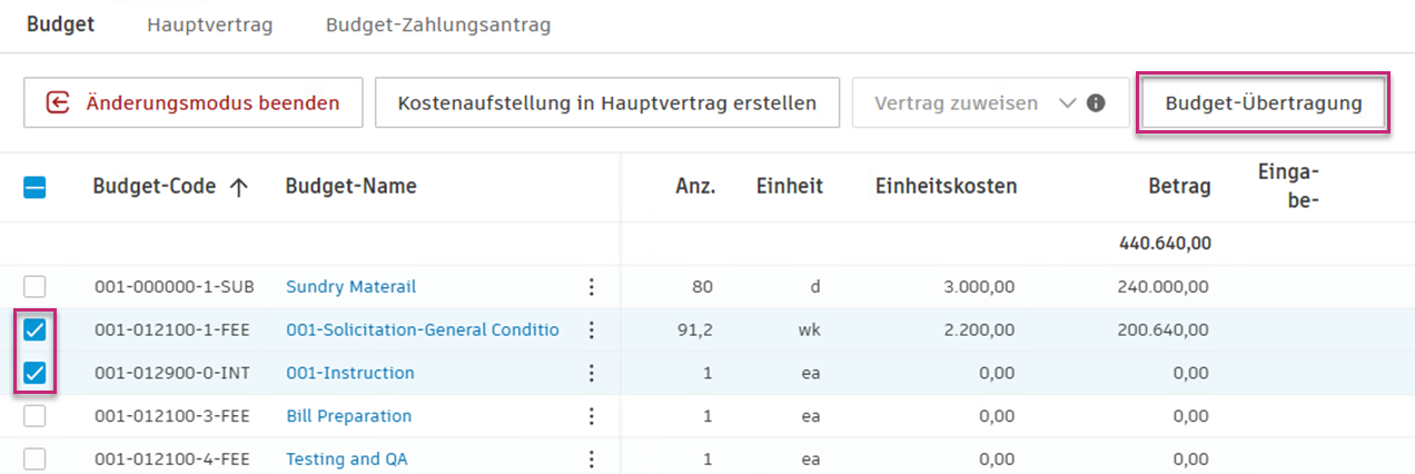 Weitere Elemente im Dialogfeld Budget-Übertragung mit mehreren ausgewählten Elementen