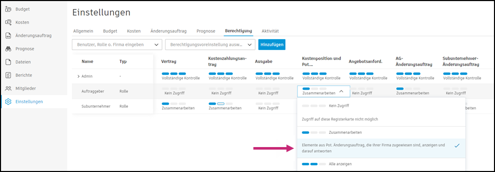 Berechtigungseinstellungen, die die Zusammenarbeit bei vorgelagerten Änderungsberechtigungen für die Auftraggeberrolle anzeigen