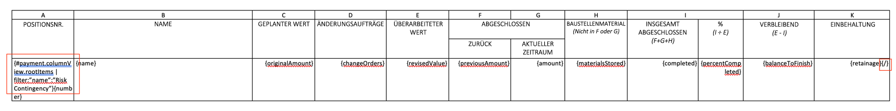 Dokumentvorlage mit Filterfunktionen für Risiko-Eventualfonds-Elemente