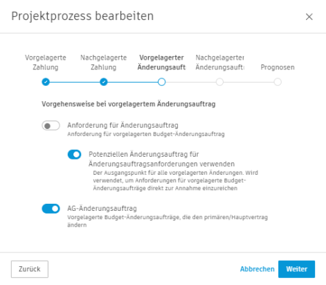 Abschnitt Vorgelagerter Änderungsauftrag, in dem die Option Potenzieller Änderungsauftrag als Änderungsauftragsanforderung aktiviert ist