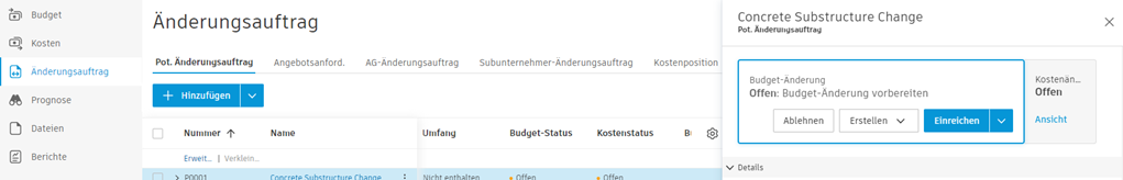 Benutzeroberfläche für die Erstellung potenzieller Änderungsaufträge über die Registerkarte Änderungsauftrag