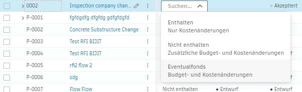 Anpassung des Umfangs des potenziellen Änderungsauftrags und der Kostenposition
