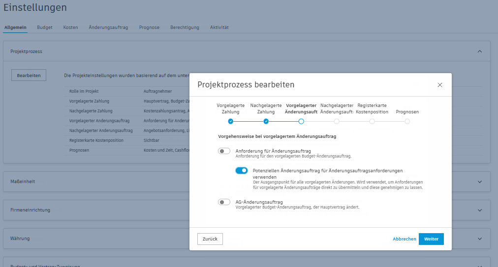 Projektprozesseinstellung