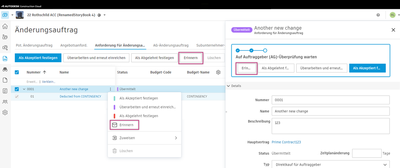 Schaltfläche Erinnern, um Benachrichtigungen an Lieferanten oder Auftraggeber zu senden, die auf Antwort warten