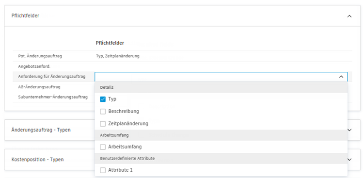 Erforderliche Felder für die Konfiguration von Änderungsaufträgen