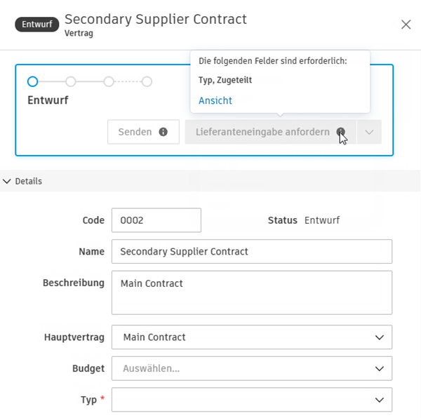 Validierungsmeldung für erforderliche Felder für Verträge