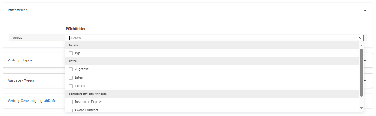 Erforderliche Felder für die Konfiguration von Verträgen