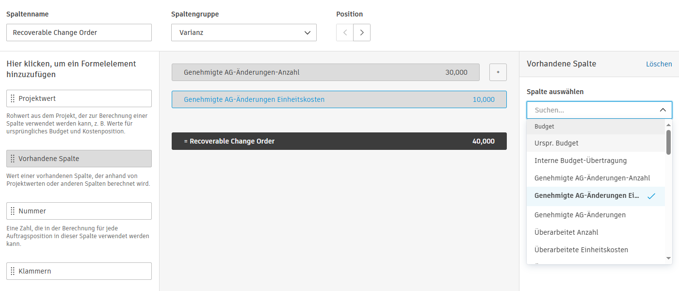Screenshot des rechten Fensterbereichs mit der Werttypauswahl und dem Eingabefeld für den Vorschauwert