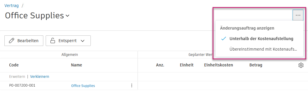 Änderungsaufträge als Spalten anzeigen