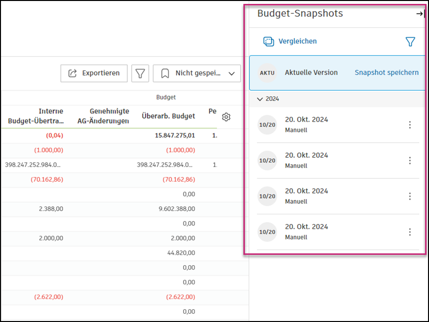 Flyout-Gruppe Budget-Snapshots mit der aktuellen Version und gespeicherten Snapshots
