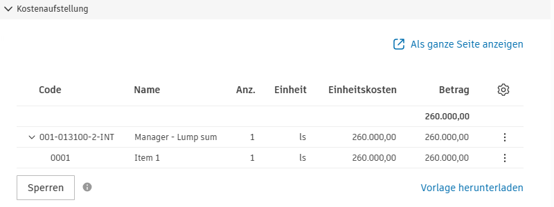 Vertragskostenaufstellung mit Budget-Code-Struktur