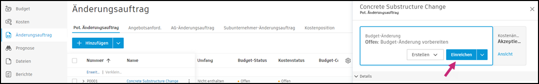 Dialogfeld Budget-Änderung übermitteln zur Eingabe übermittelter Werte
