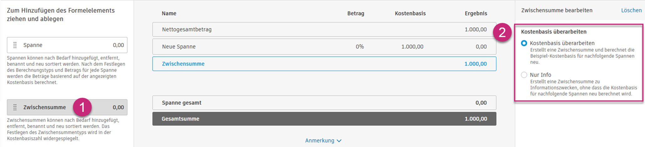 Einstellungsoptionen für Zwischensummen