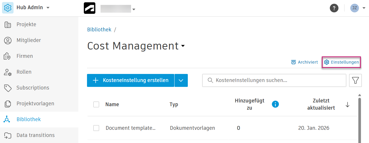 Cost Management in Bibliothek mit der Schaltfläche Einstellungen