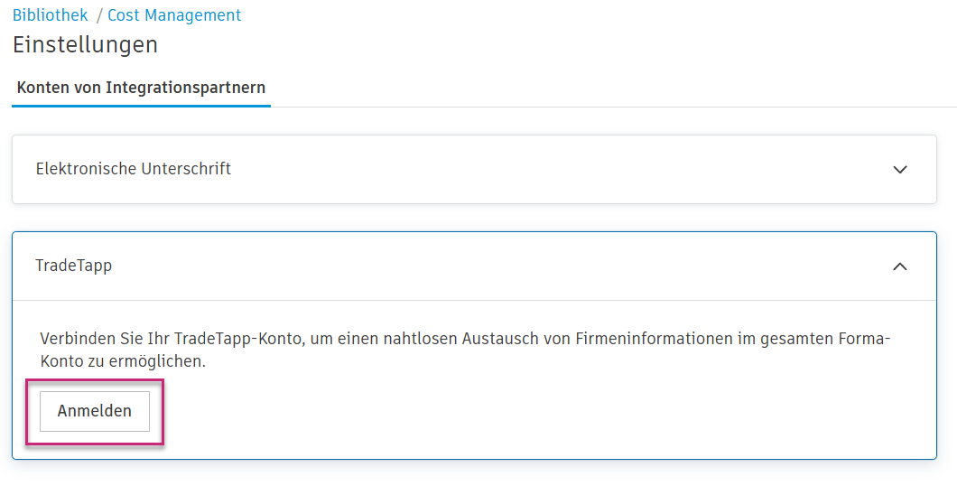 Anmeldeschaltfläche für TradeTapp in Integrationspartnerkonten