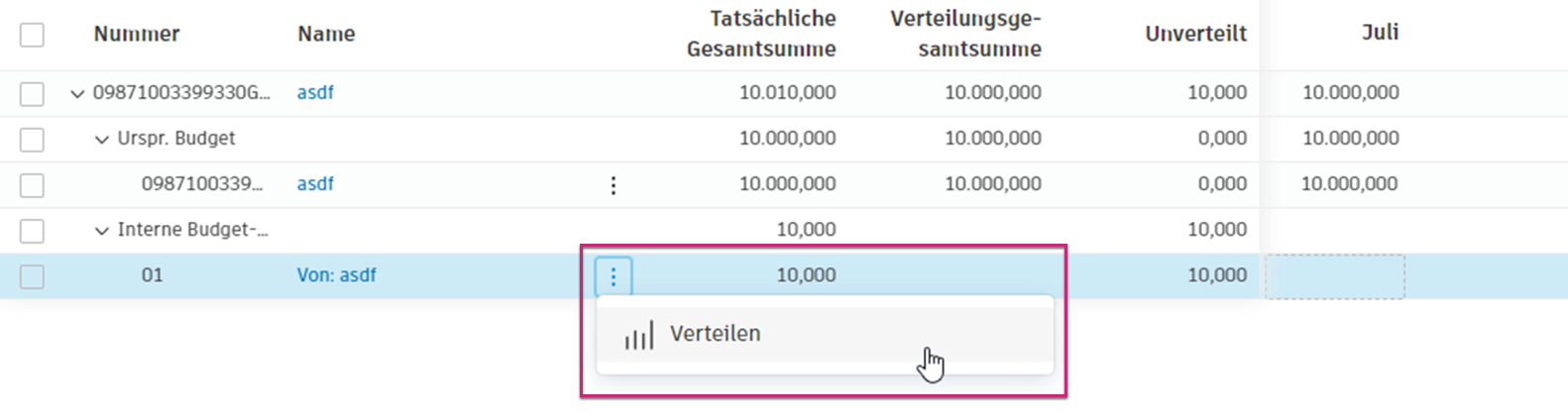 Ansicht Unverteilte Positionen
