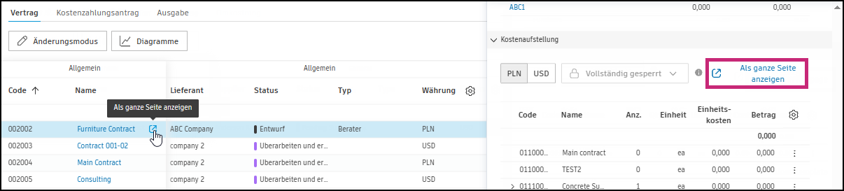Kostenaufstellung als ganze Seite anzeigen