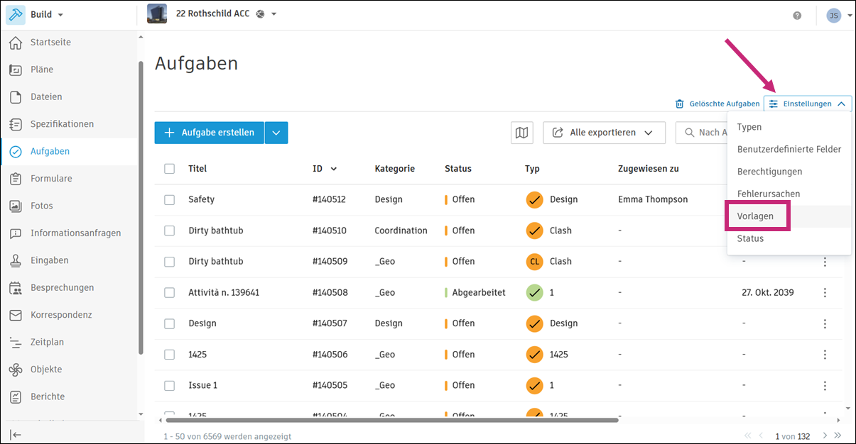 Navigation in den Einstellungen für Aufgaben