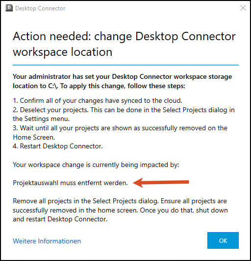 Arbeitsbereich ändern - Aktion erforderlich