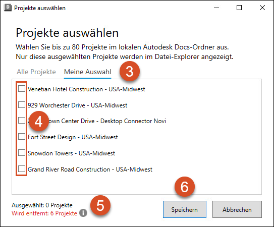 Auswahl von Arbeitsbereichsprojekten aufheben