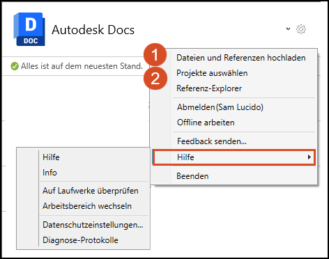 Menüoptionen in Desktop Connector