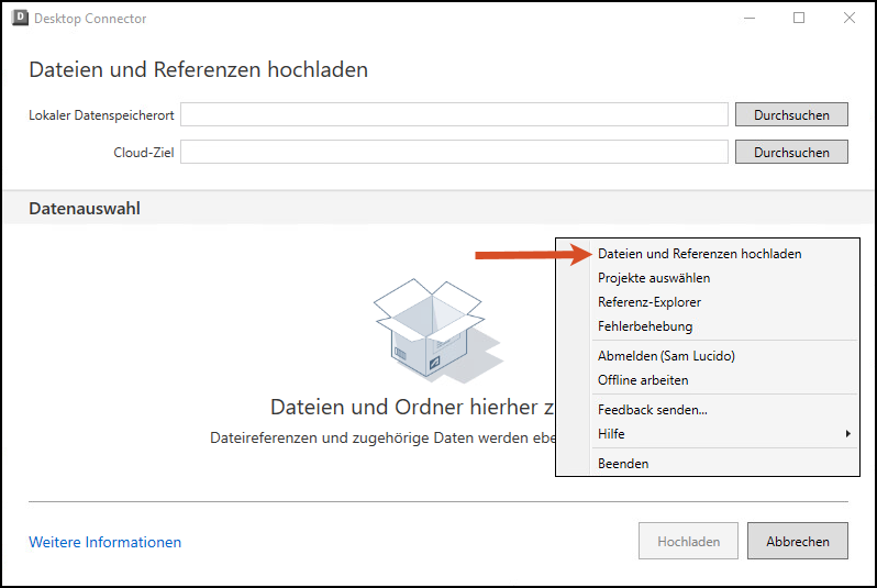Werkzeug Dateien und Referenzen hochladen