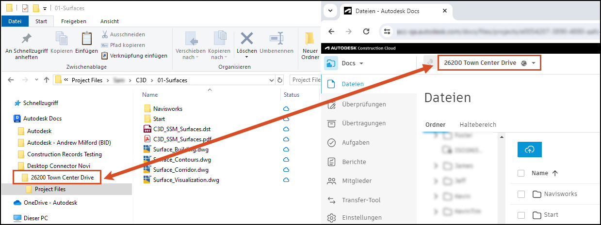 Autodesk Docs-Connector zeigt die lokale Laufwerksdarstellung von Cloud-Daten