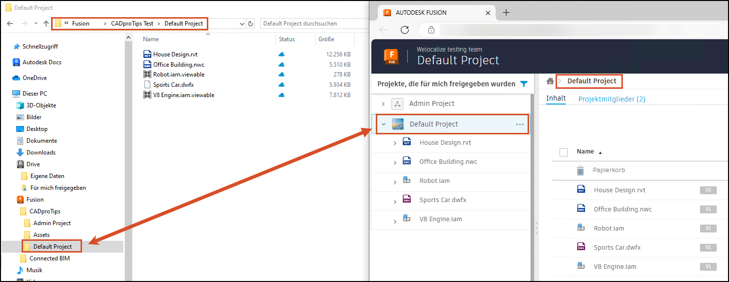 Autodesk Fusion Connector zeigt die lokale Laufwerksdarstellung von Cloud-Daten