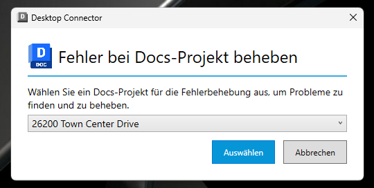 Bildschirm zur Projektauswahl im Fehlerbehebungswerkzeug