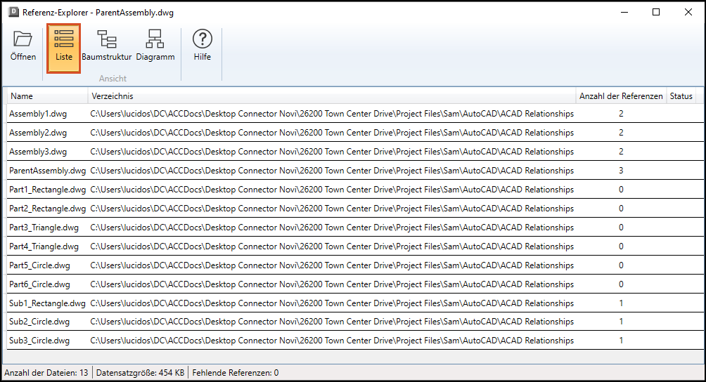 Datenansichten im Referenz-Explorer
