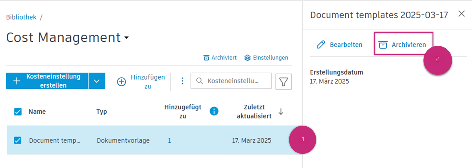 Kosteneinstellung archivieren