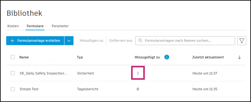 Projekte oder Vorlagen auswählen, aus denen die Formularvorlage entfernt werden soll