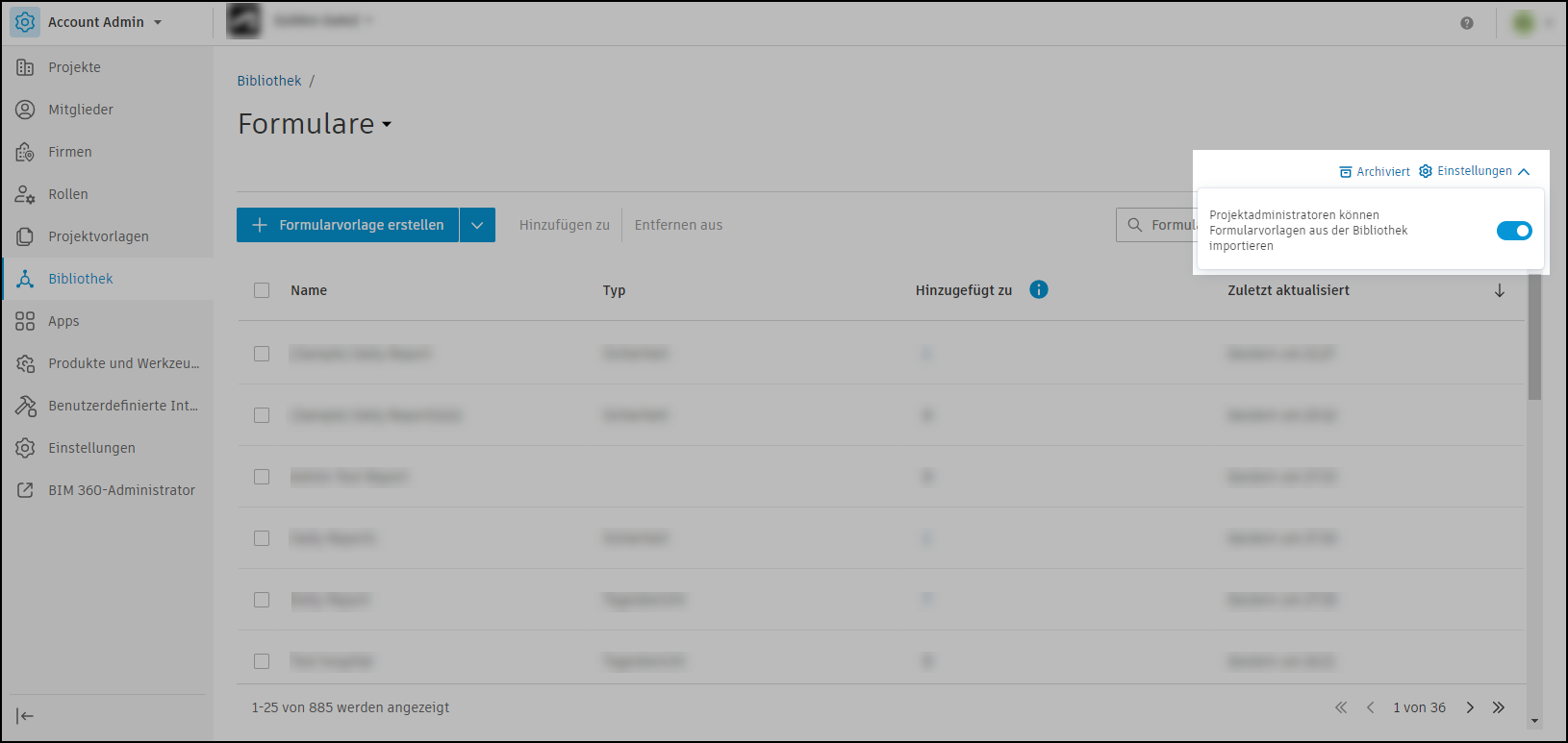Bibliothekseinstellungen für Formularvorlagen - Screenshot