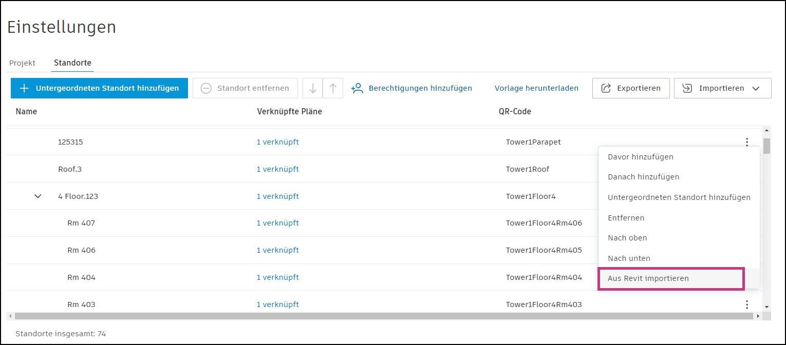 Standorte in Knoten importieren