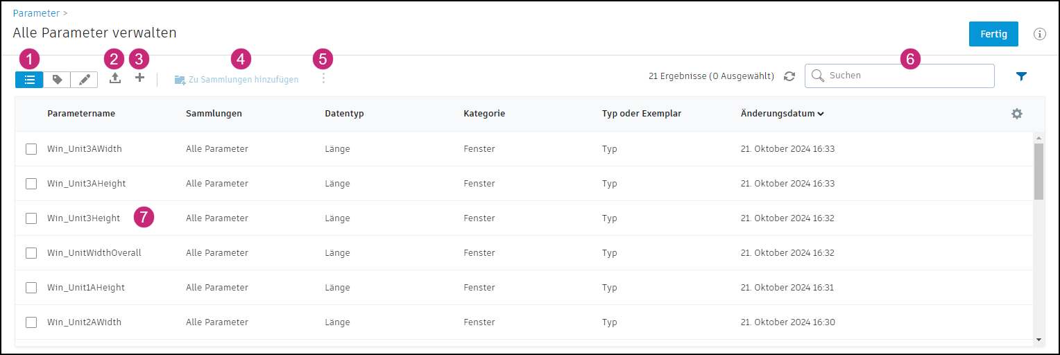 Schnittstelle Alle Parameter verwalten