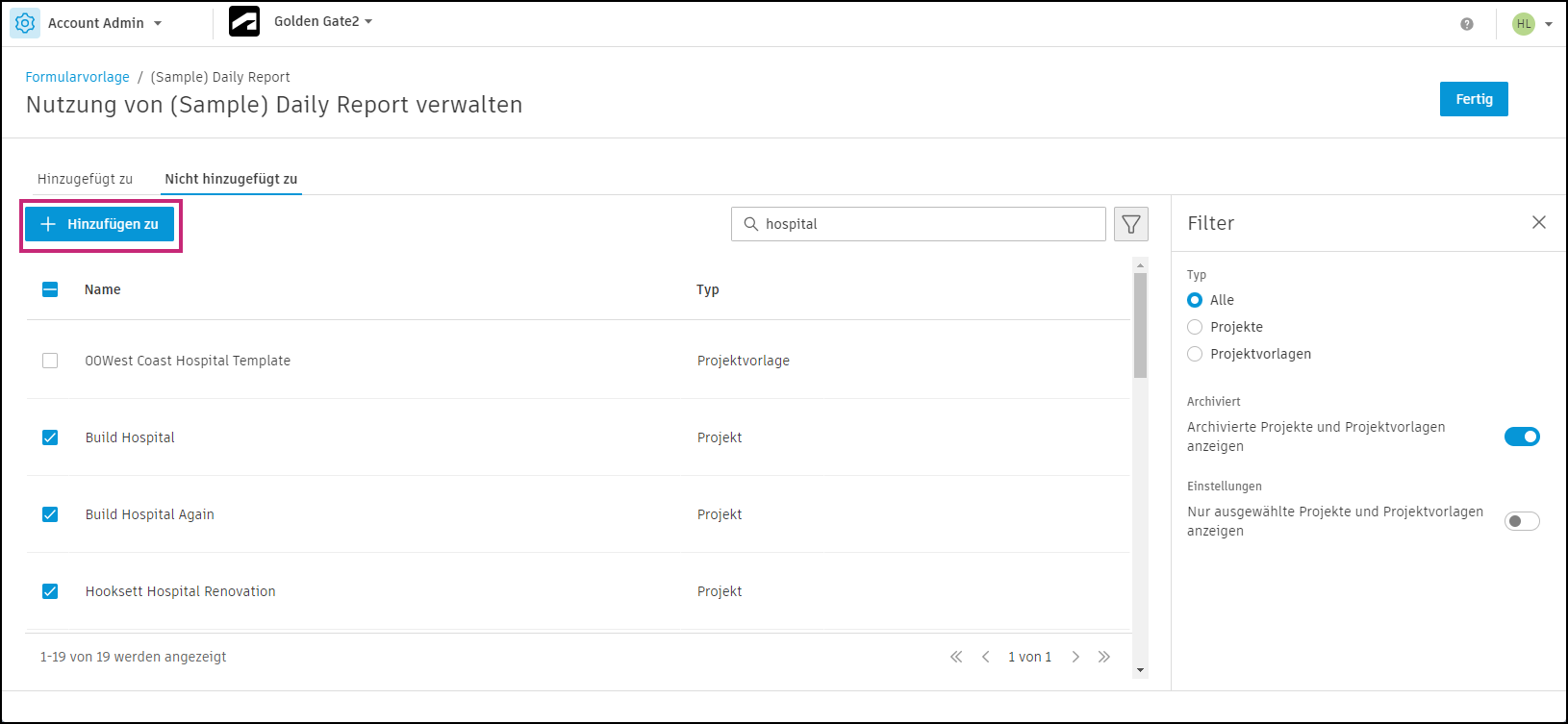 Formularvorlage zu Projekten oder Vorlagen hinzufügen