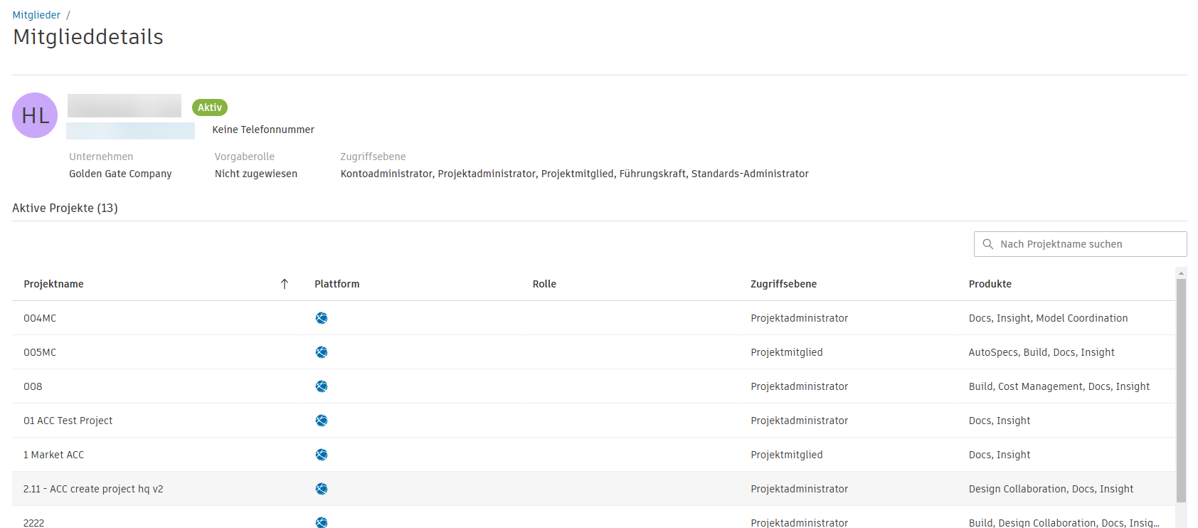 Mitglieddetails zu Projekten