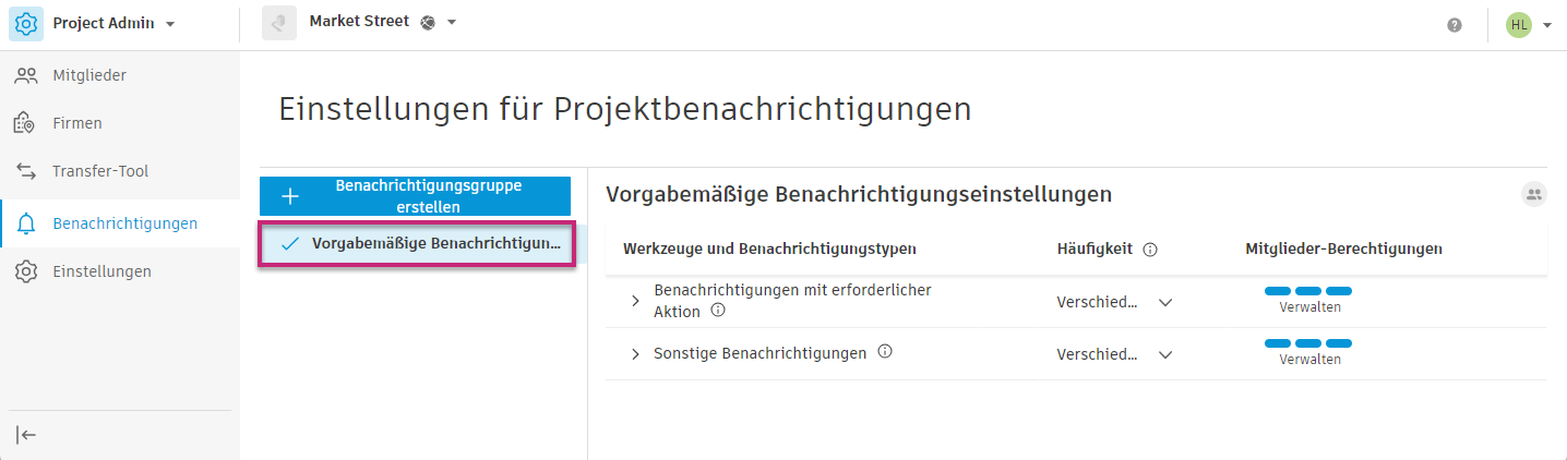 Vorgabemäßige Projekteinstellungen