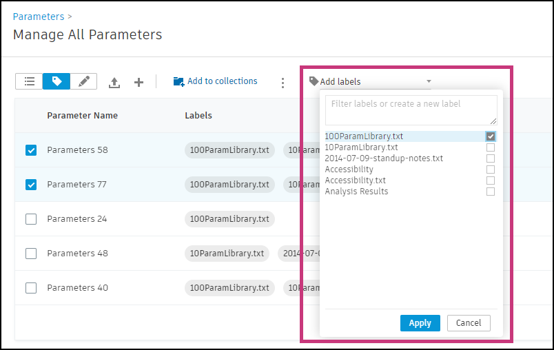 Benutzeroberfläche Beschriftungsansicht für Parameter