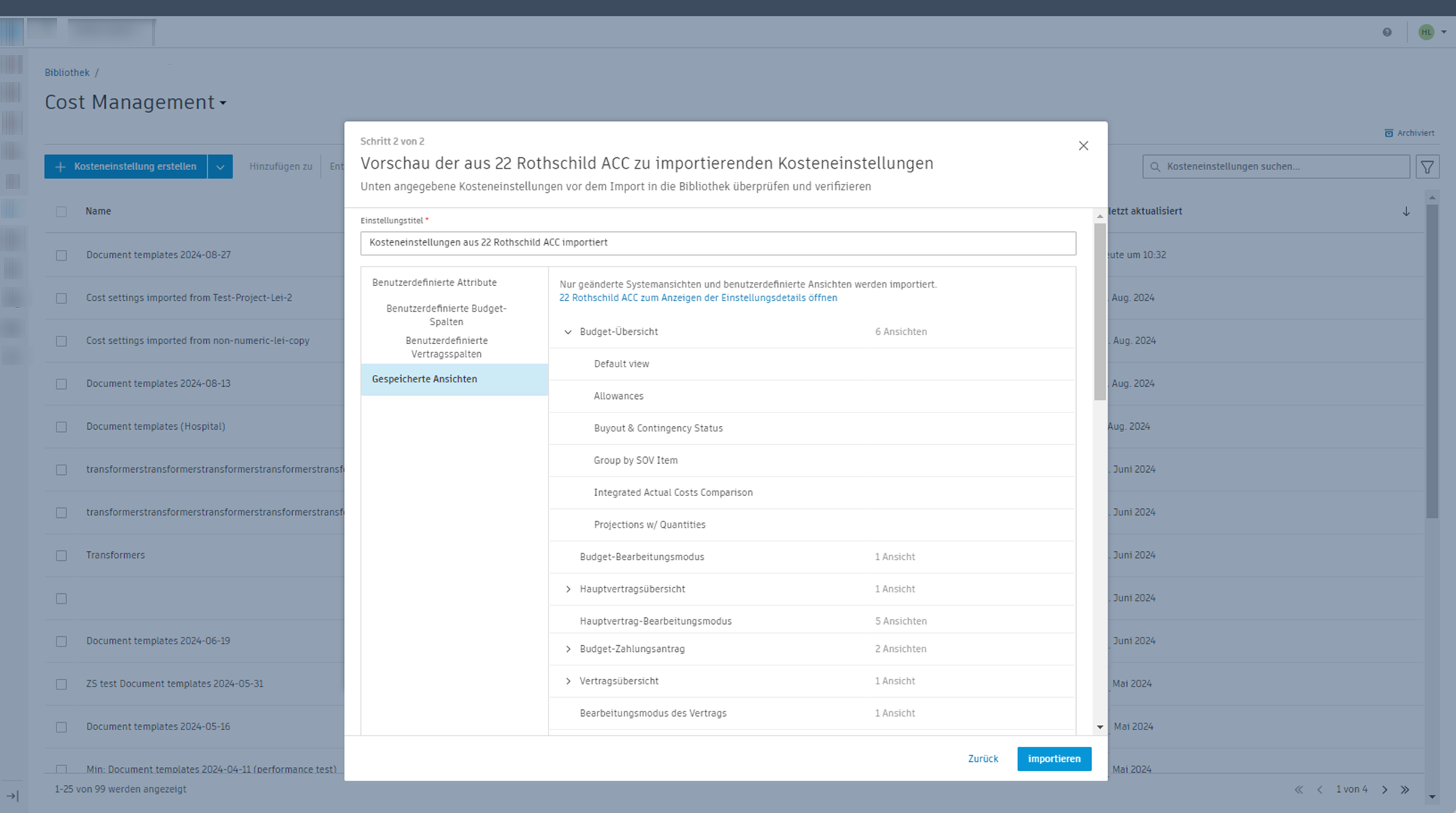 Vorschau der Kosteneinstellung