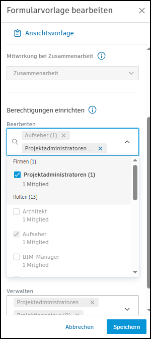 Berechtigungen für Projektformularvorlagen - Screenshot