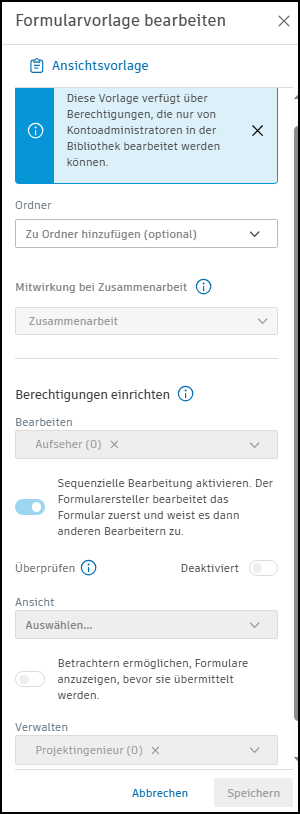Berechtigungen auf Projektvorlagenebene - Screenshot