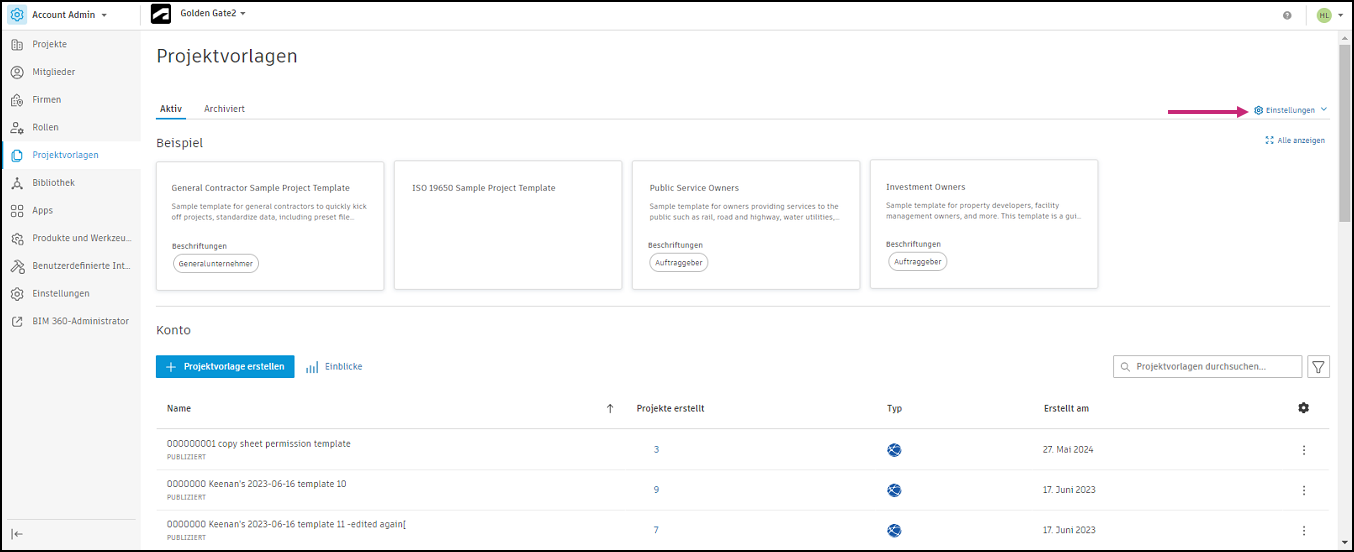 Einstellungen für Projektvorlagen