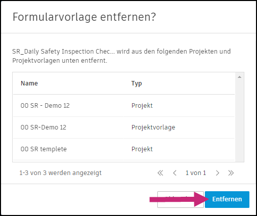 Bestätigungsdialogfeld zum Entfernen der Formularvorlage