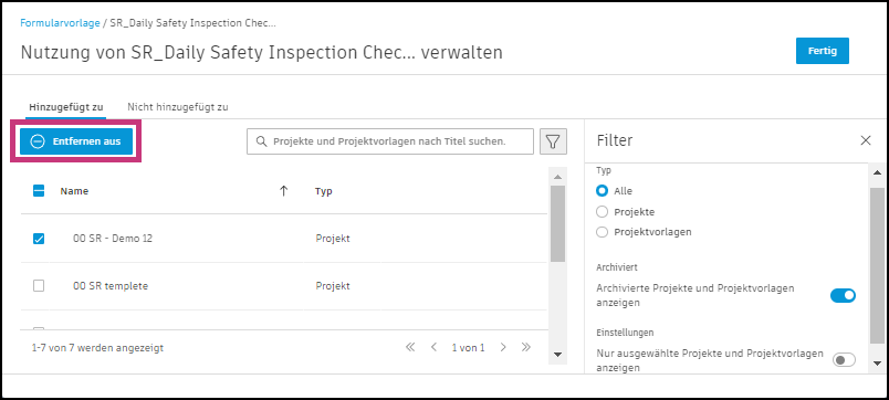 Schaltfläche Entfernen aus