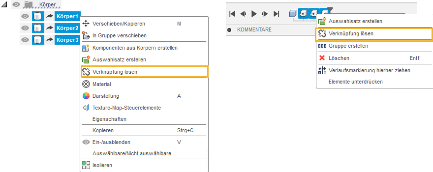 Verknüpfung lösen für mehrere abgeleitete Elemente